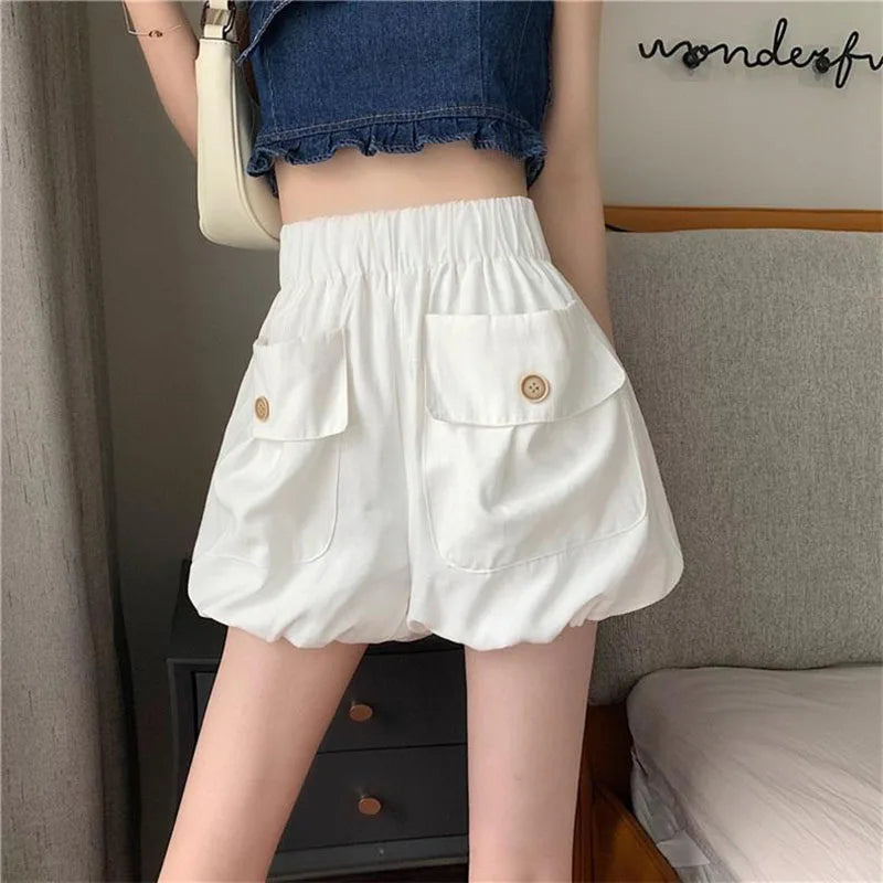 vmtvr Summer Women Shorts Korean High Waist Female Streetwear Lantern Shorts Fashion Big Pocket Button Loose Sports Shorts