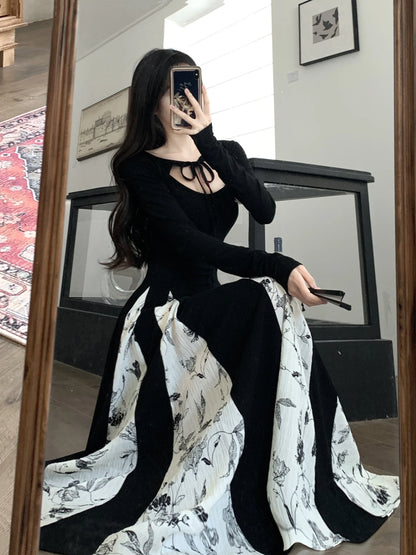 vmtvr  -  Vintage Knitted Patchwork Floral Dress Irregular Design Sense Hepburn Wind Sweet Fashion Slim Summer New Black Long Dresses