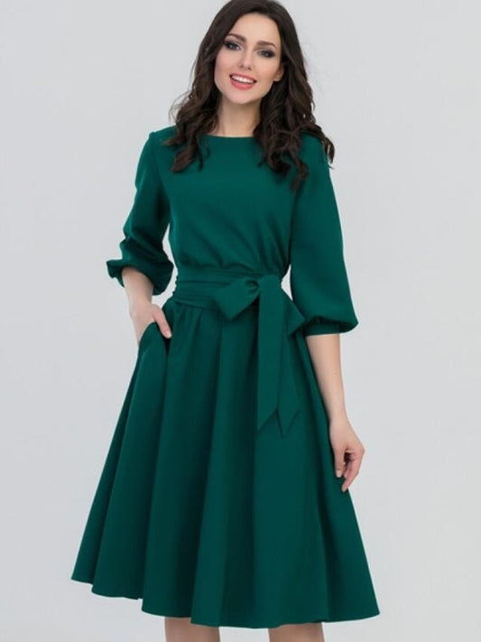 vmtvr  Summer Dress Women&#39;s Vintage Dress Round Neck Long Sleeve Elegant Lace Up Solid Color New Green Maxi Dresses for Women