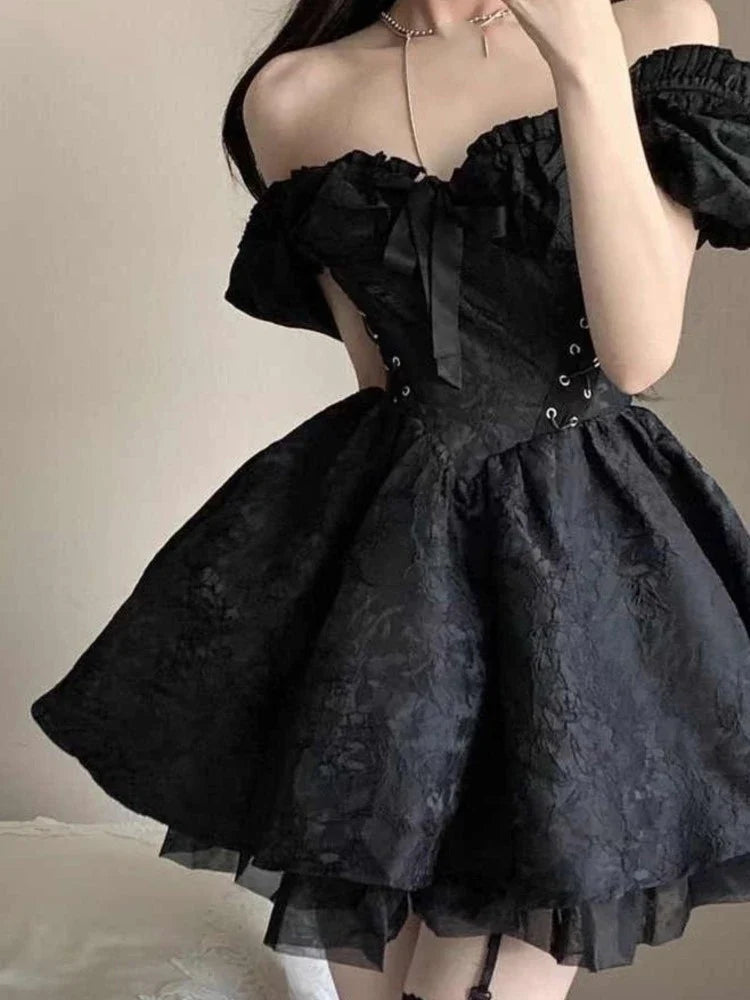 vmtvr  -  Gothic Black Dresses for Women French Vintage Ball Gown Princess Party Dress Y2K Off shoulder A-line Prom Short Vestidos Mujer