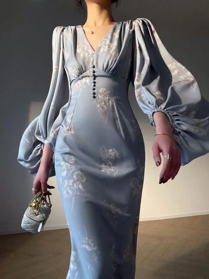 vmtvr New Elegant Printing Mermaid Dresses for Women Summer New Slim V-neck Long Sleeve Runway Party Robe 2024 Female Vestidos