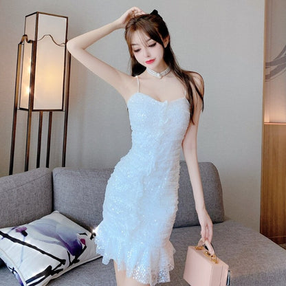 White Sequin Strapless Spaghetti Strap Dress Women Sexy Bright Party Mermaid Dresses Women Ruffles Mini Dress Sleeveless