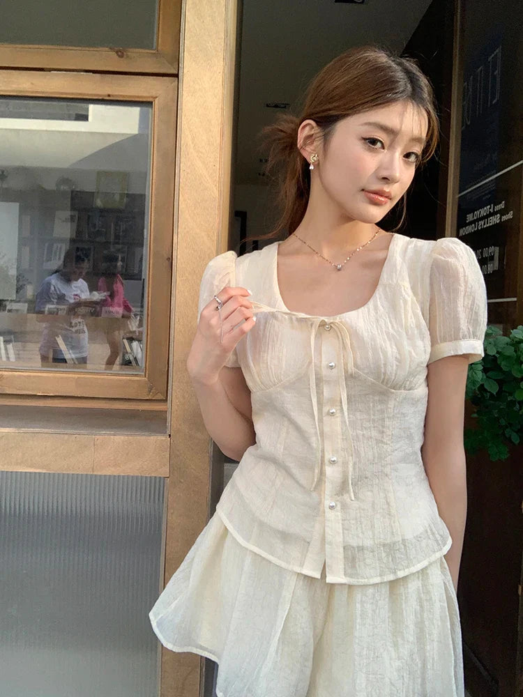 vmtvr 2024 Summer New French Square Collar Short-sleeved Shirt Women A Line Skirt Shorts Texture Fashion Suit