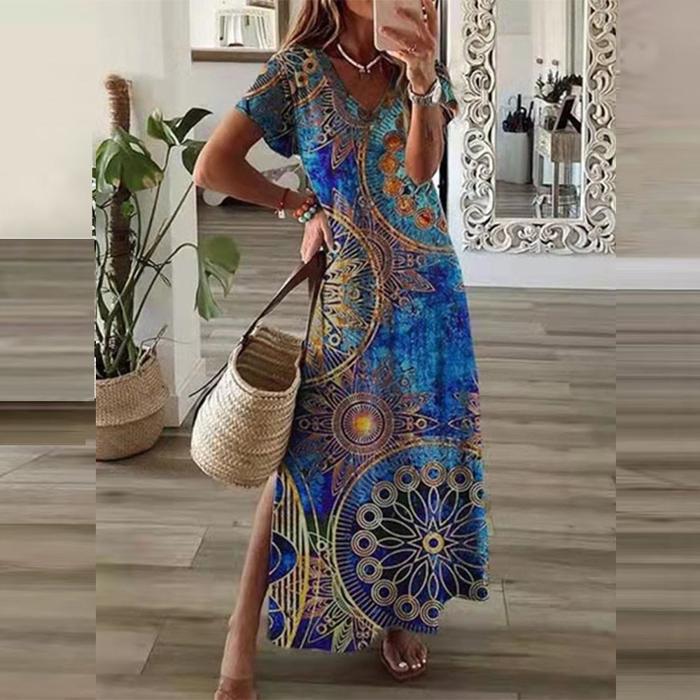 vmtvr Vintage Print Maxi Dress Women  Summer Elegant V Neck Short Sleeve Loose Split Casual Dress Female Party Boho Beach Vestidos