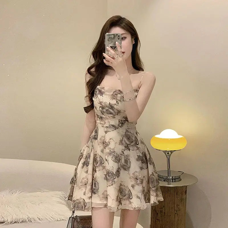 Fashionable Chiffon Suspender Summer Dress Korean Chic Temperament Fresh Ink Painting Print Hollowed Out Backless Dress