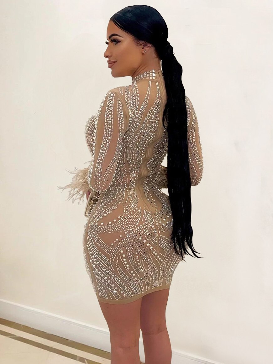 vmtvr Woman Fashion Sexy Mesh See-through Long Sleeve Feathers Rhinestones Bodycon Party Dresses 2023 Package Hip Mini Nightclub Dress