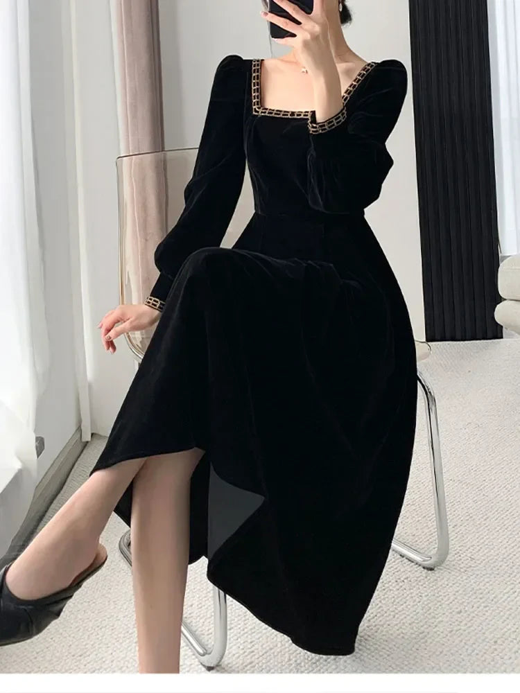 vmtvr New French Vintage Elegant Dresses for Women Long Sleeve Streetwear Office Lady Solid Square Collar New Autumn Winte Dress