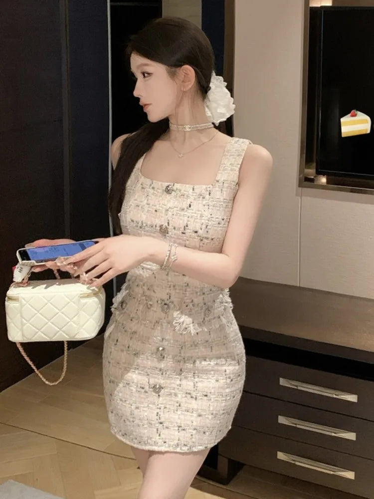 vmtvr  -  High Quality Korean Sweet Small Fragrant Tweed Dresses For Women French Fashion Summer Dress Hotsweet Sexy Tank Party Dress