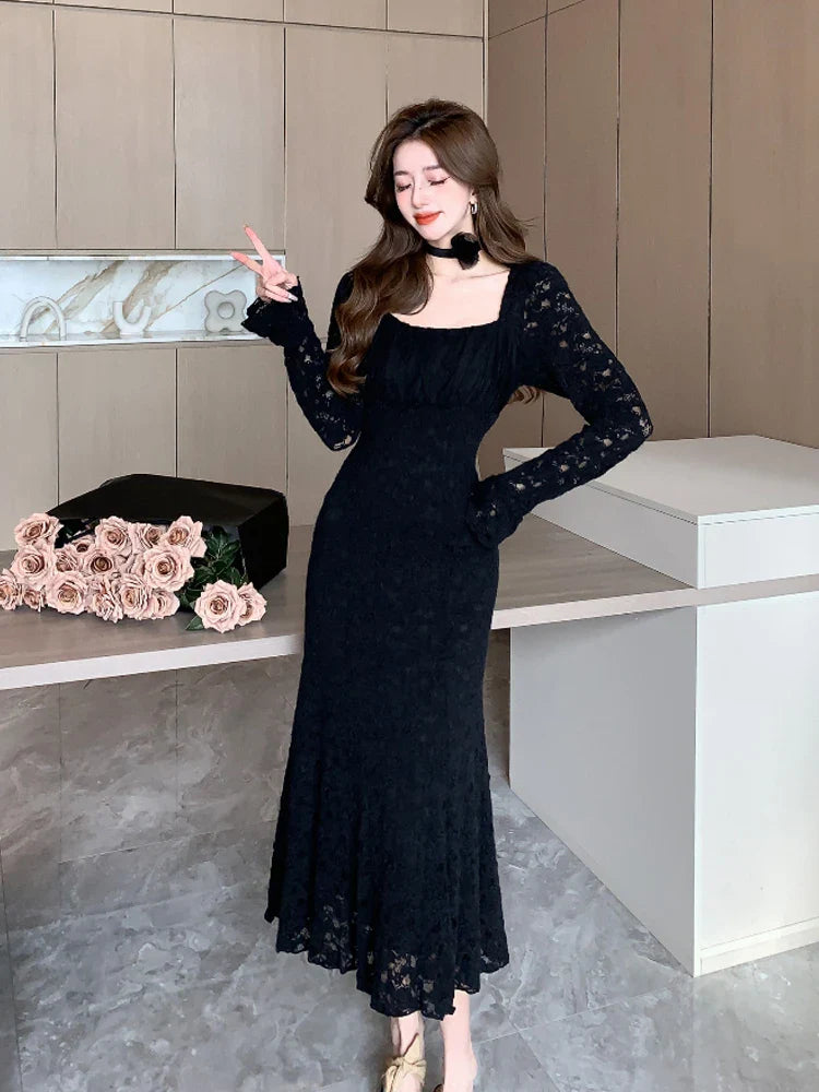 vmtvr Women Elegant Square Collar Camellia Mermaid Lace Dress Autumn Winter 2024 French Temperament Flare Sleeve Plush Warm Long Skirt