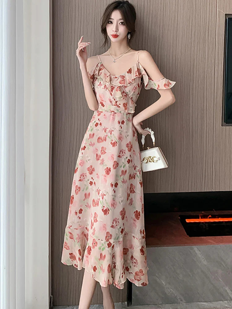 vmtvr 2024 Pink Floral Chiffon Chic Ruffled Sling Dress Women Elegant Casual Beach Dress Sets Summer Korean Fashion Casual Party Dress