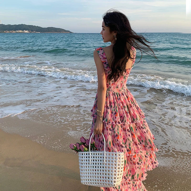 vmtvr Summer Women's Floral Vacation Beach Dress Midi Long Square Collar Lolita Dresses Bohemian Folds 2024 New Elegant Chic Chiffon