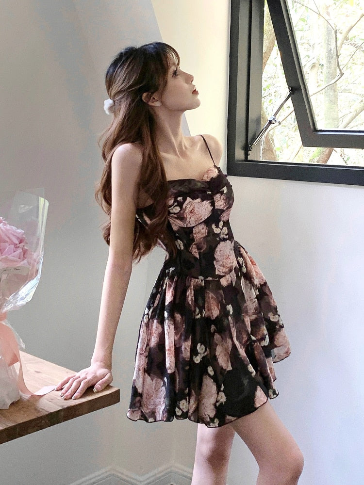 vmtvr -  Summer Korean Fashion Elegant Sweet Floral Dress Female V Neck Y2k Short Party Dress Bodycon Lolita Sexy Mini Dress Beach