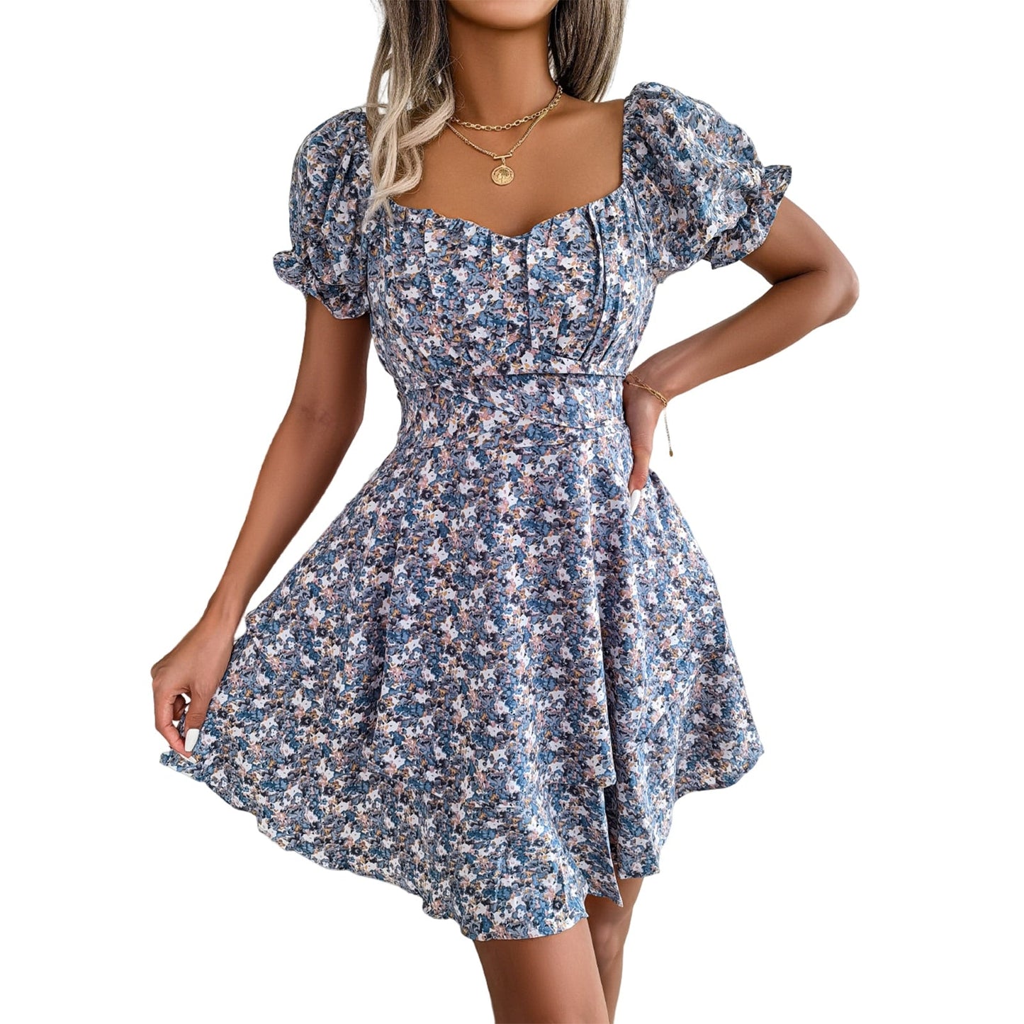 vmtvr - 2023 New Casual Short Sleeve Square Neck Lace-up Dress Retro Women Floral Printed Mini Dress Ladies Fashion Slim Office Dresses