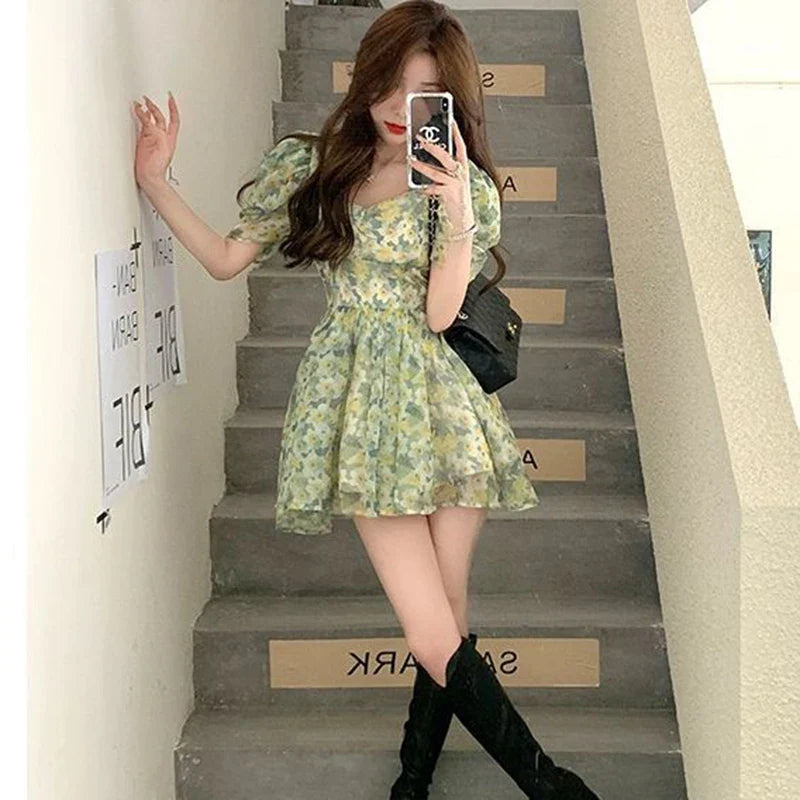 vmtvr Summer High Waist Dress Women Korean Fashion Floral Casual Mini Dresses Y2K Female Elegant Puff Sleeve A Line Dress