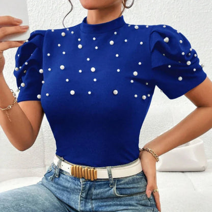 vmtvr 2024 Spring Stand Collar Beading Blouses Women Elegant Solid Slim Bodycon Top Pullover New Summer Puff Short Sleeve Office Shirt