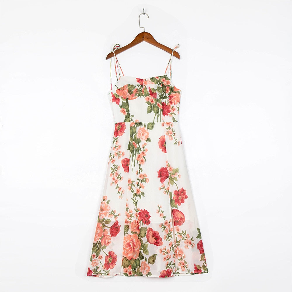 Summer Dresses For Women Elegant Vintage Floral Print Dress Sweetheart Neck Spaghetti Strap Midi Dress With Slit Sundress