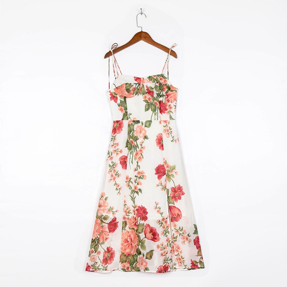 vmtvr Summer Dresses For Women Elegant Vintage Floral Print Dress Sweetheart Neck Spaghetti Strap Midi Dress With Slit Sundress