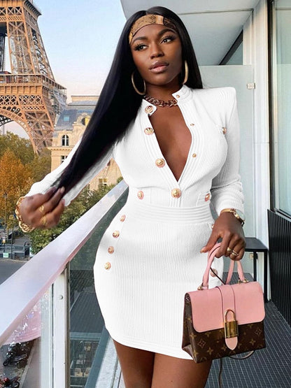 New Winter Style Sexy Long Sleeve Key Hole Button Pink Mini Women Bodycon Bandage Dress 2023 Elegant Evening Club Party Dress