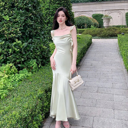 vmtvr  -  Elegant Fashion Sleeveless Satin Long Dresses for Women Summer New Beach Strap Ruffle Mermaid Evening Party Female Clothing