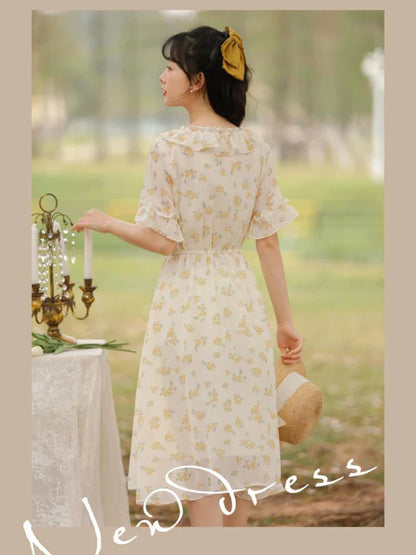 vmtvr Chiffon Women Long Dress Summer Fashion Floral Print Short Sleeve High Waist Beach Midi Dress Elegant Ruffles Ladies Dress