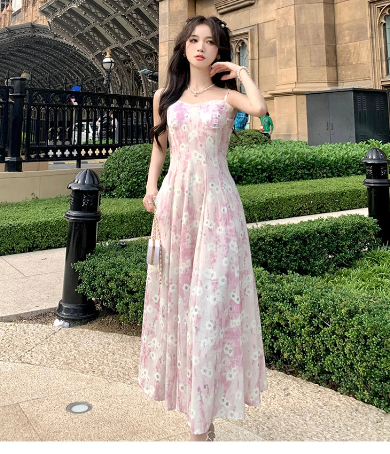 vmtvr  -  Summer Print Elegant Beach Dress New Women Vintage Pearl Beading Sweet Midi Dress Female Princess Fairy Strap Evening Dress