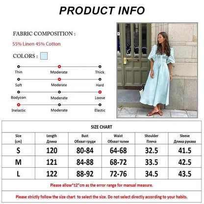 vmtvr Vintage Cotton Linen High Waist A Line Dresses Elegant Chic Pleated Sexy V-neck Short Sleeve Dress Women Blue Summer Dress