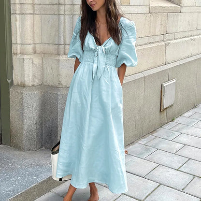 vmtvr Original V-Neck Strap Design Cotton Linen Dress Spring and Summer Women's High Waist Bubble Sleeves Beach Vacation Casual Dress