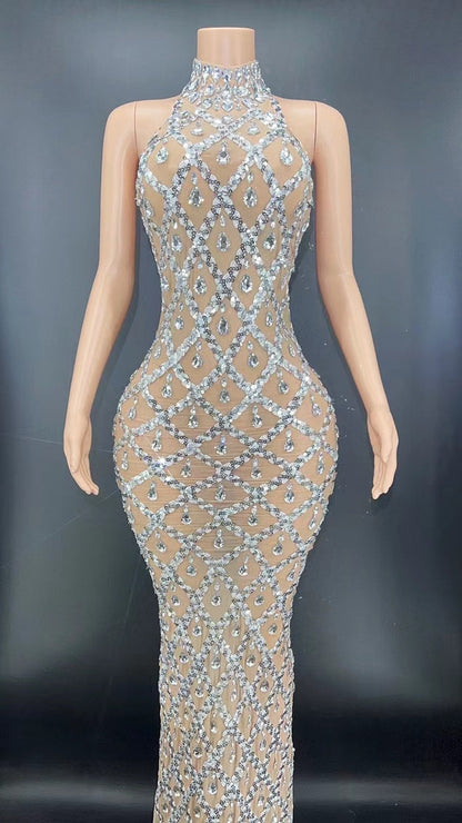 Women Sexy Stage Shining Rhinestone Sequins Dress Evening Prom Birthday Dress Transparent Performance Singer Club Host Dress