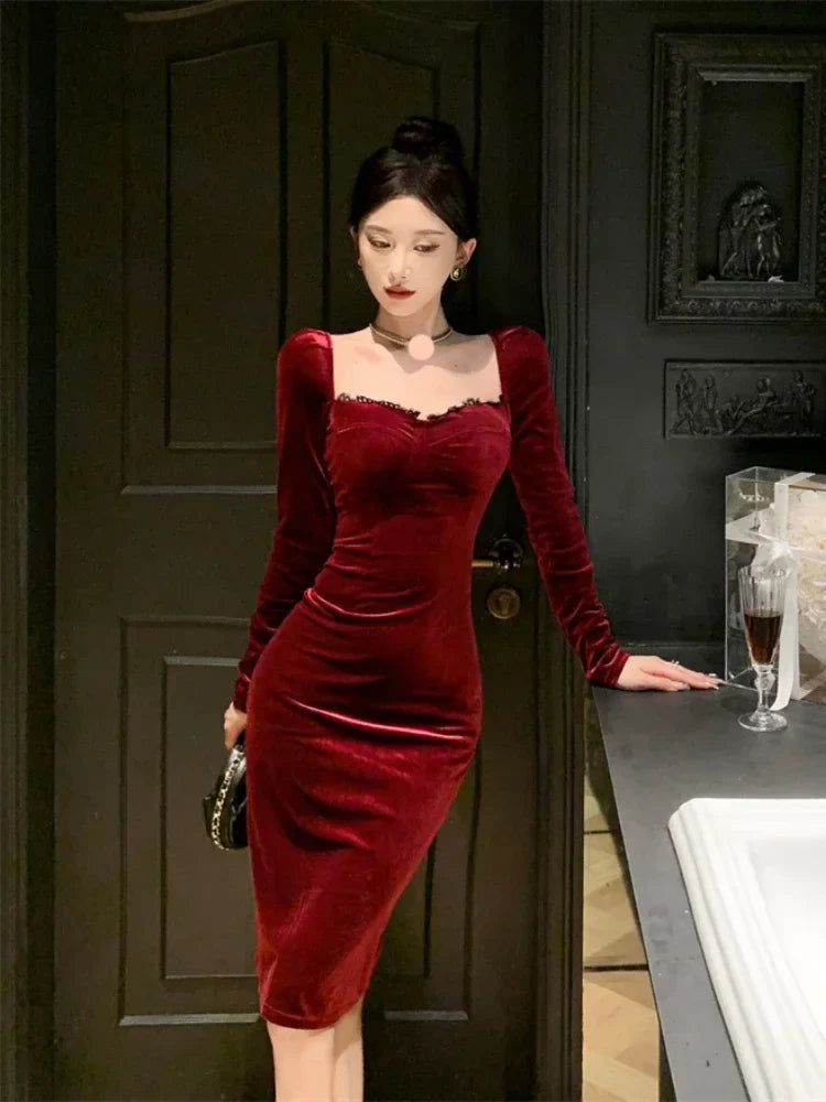 vmtvr Autumn Winter Dresses Women Elegant Sexy Square Collar Slim Long Sleeve Vintage Velvet Dress Female French Style Chic