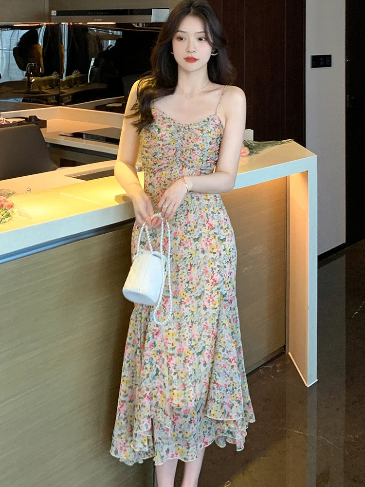 vmtvr 2024 Elegant Chic Fancy Women's Dress Korean Fashion Casual Sling Beach Long Dress Summer Bodycon Ruffled Mermaid Evening Dress