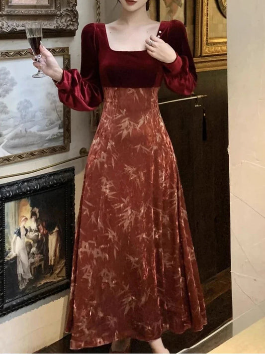 vmtvr Winter Vintage Velvet Long Dress Women Patchwork Elegant Slim Long Sleeve Fairy Dress Female Casual Office Lady Party Dress