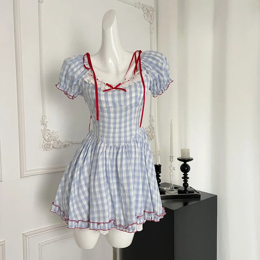 vmtvr  -  Summer Sweet Chiffon Fluffy Cake Mini Dress Women Slim Lace Splicing Plaid Bow Dress Japanese Kawaii Beach Style Short Sleeve