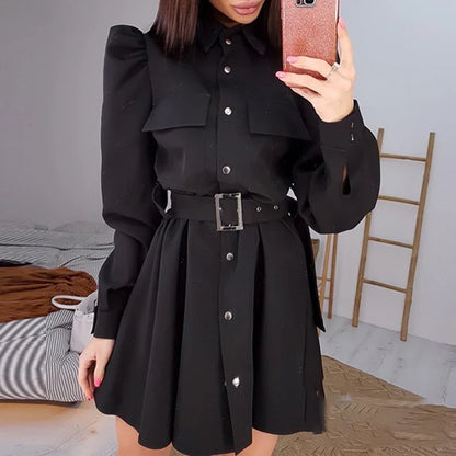 vmtvr Vintage Loose Women Solid Dresses Female Lapel Collar Puff Long Sleeve A-line Dress Fall Winter Loose Button Tie-up Mini Dress