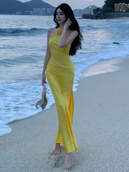 vmtvr Summer New Elegant Vintage Yellow Halter Long Dress For Women Birthday Party Backless Split Sundress Robe Clothing Vestidos