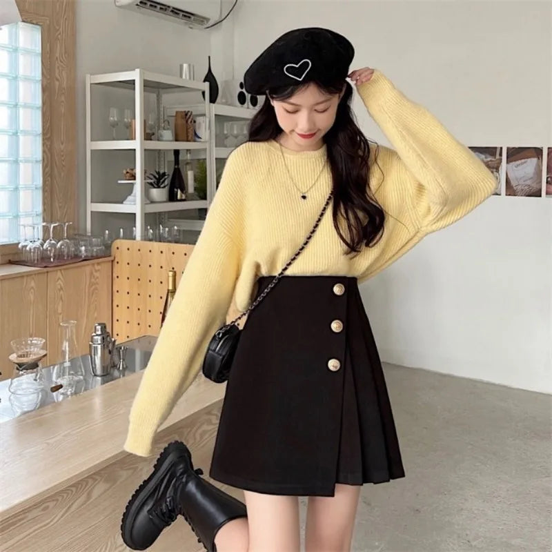 vmtvr  -  Women A-line Short Dresses Black Pleated Skirt Woman Clothing Irregular High Waist Sweet Streetwear Y2k Vintage Loose Casual