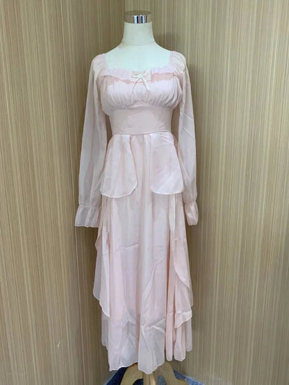 Pink Chiffon Vintage Sweet Dress Women A-Line France Elegant Party Midi Dress Female Korean Style Flare Sleeve Dress Summer