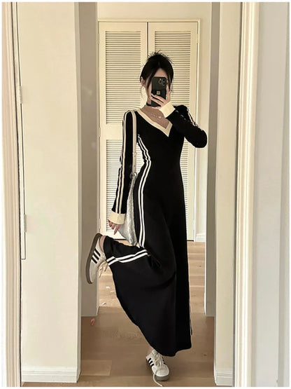 vmtvr  -  French Striped V-neck Long-sleeved Dress Women Fall Clothes Vintage Robe Casual Loose Dresses Korean Fashion Vestidos De Fiesta