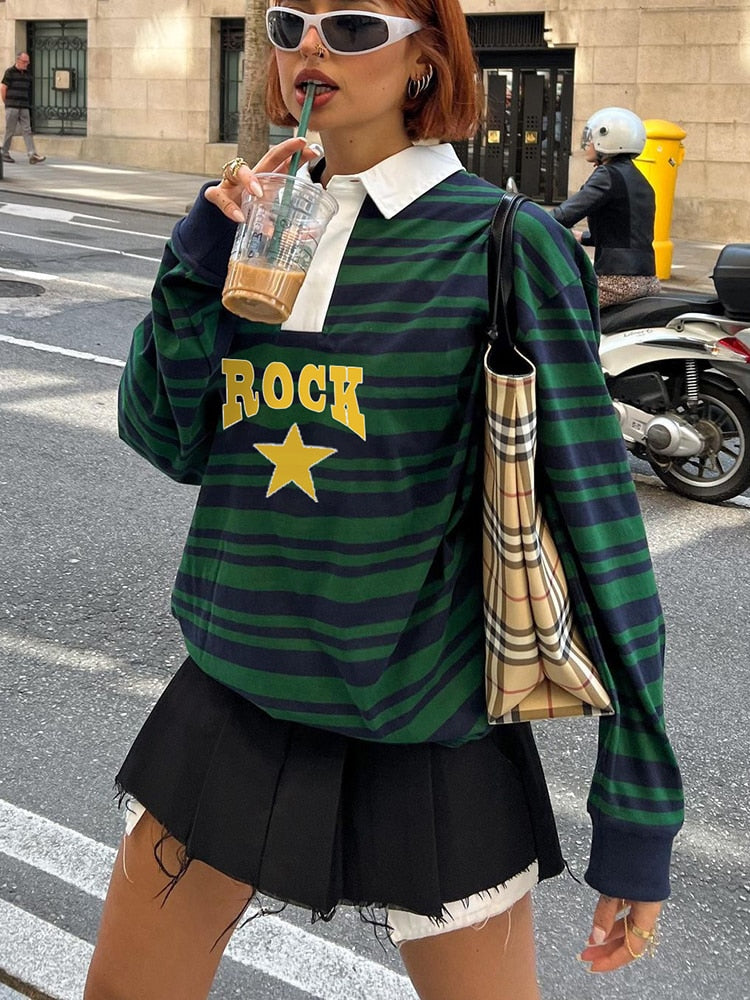 Harajuku Green Stripe Star Print Loose Women's Sweatshirt Preppy Autumn Pullover Tops Korean Clothes Sweat Shirts Y2K