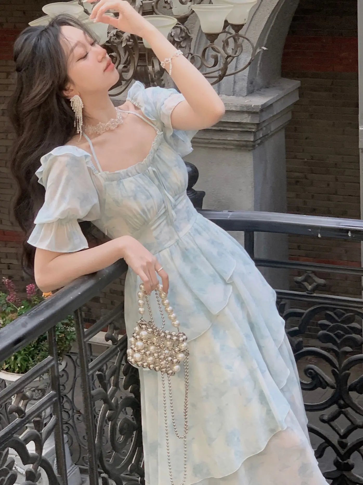 vmtvr  -  French Chiffon Print Midi Dress for Women New Summer Elegent Party Blue Floral Vestidos Holiday Vintage Female Clothes