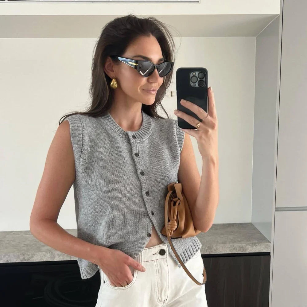 vmtvr Summer Knitted Cardigans Women Elegant Fashion Button Sleeveless Tops Solid Basic Casual Loose Vacation Holiday Vests 2024 Gray