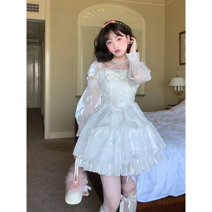 vmtvr Japanese Sweet Fairy Lolita Dress Women White Mesh Elegant Princess Dress Female Bow Casual Evening Party Dress Summer Slim