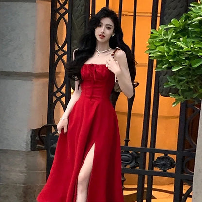 French Elegant White Strap Midi Dress Summer New Casual Evening Party Dress Women Beach Sleeveless Lace-up Red Dress Korean