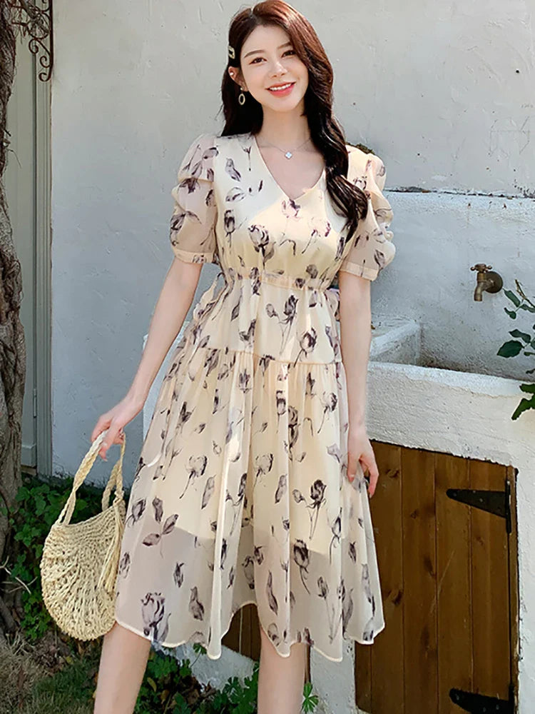 vmtvr 2024 New Green Floral Chiffon Puff Sleeve Midi Dress Summer Boho Elegant Bodycon Dress Women Korean Vintage Cheap Casual Dresses