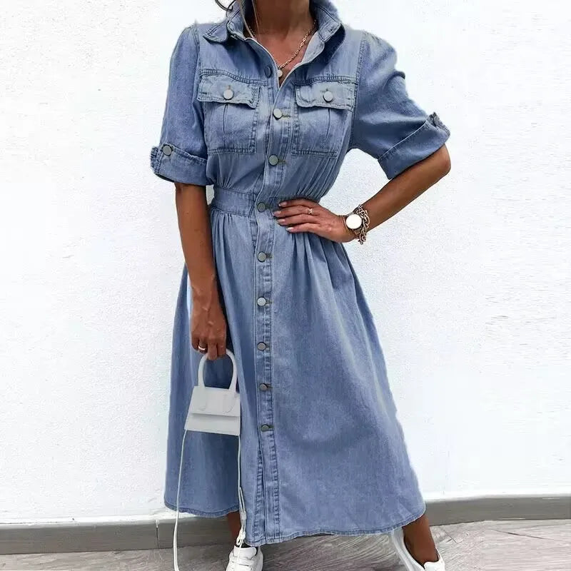 vmtvr  -  Fashion Lapel Elastic Waist Party Dress Women Casual Short Sleeve Pocket Long Dress Elegant Single Breasted Solid Denim Dresses