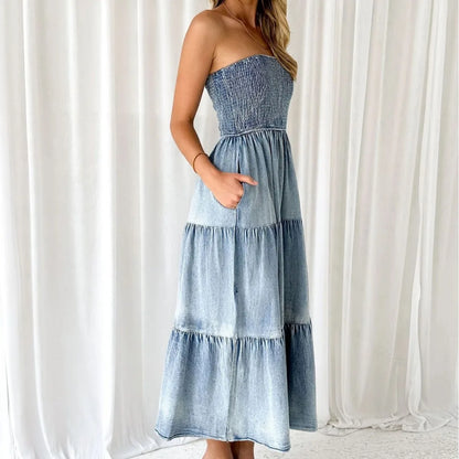 vmtvr  -  New Elegant Holiday Strapless Long Dress for Summer Vestidos Hem Stitching Side Split Fashion Women Denim Long Dress