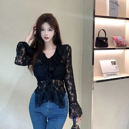 vmtvr Women Fashion Pullover Shirt Korean Casual Streetwear Sexy Hollow Out Tops Summer Female Lace Ruffle Long Sleeve T Shirts