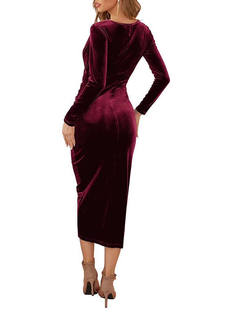 Sexy Club Party Women Dress Fashion Velvet Long Sleeve Bodycon Dress V-neck Ruched Midi Dresses for Women