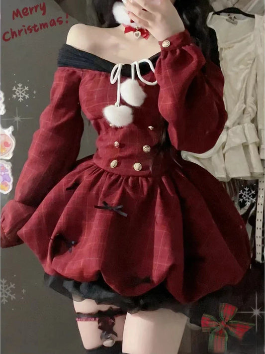 vmtvr  -  Spring Christmas Red Elegant Party Dress Women Casual Sweet Plaid Bow Dresses Female Korean Fashion Chic Kawaii Mini Dress