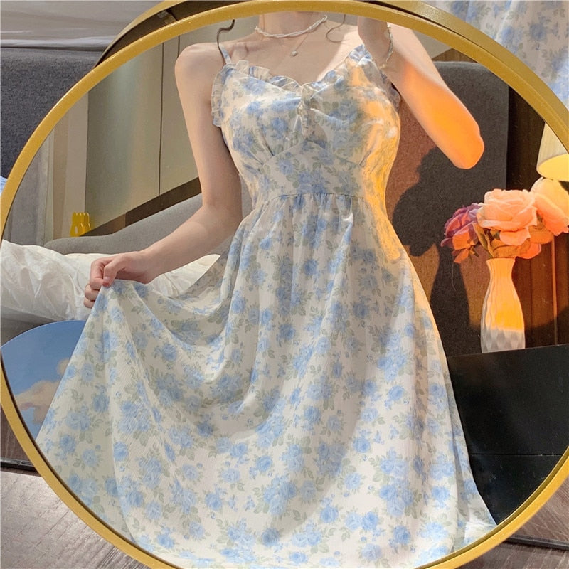 - French Floral Strap Midi Dress Women Vintage Elegant 2 Piece Dress Set Fashion Suits Casual Blouse Korean Clothing  Summer