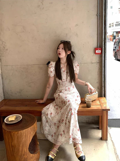 vmtvr Fashion Sweet Print V-neck Long Dress Women High Waist Vintage Dresses 2024 New Summer Korean Elegant Short Puff Sleeve Dress